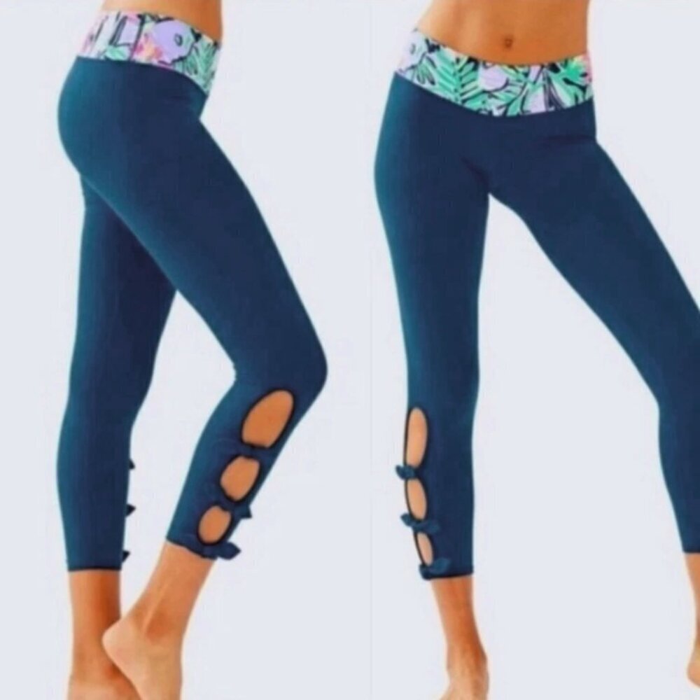 Lilly Pulitzer Luxletic Noelani Weekender Midi LE Leggings Foldover Floral Blue
